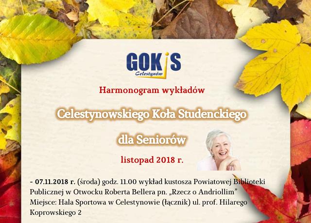 Harmonogram wykładów Celestynowskiego Koła Studenckiego dla Seniorów – listopad 2018 r.