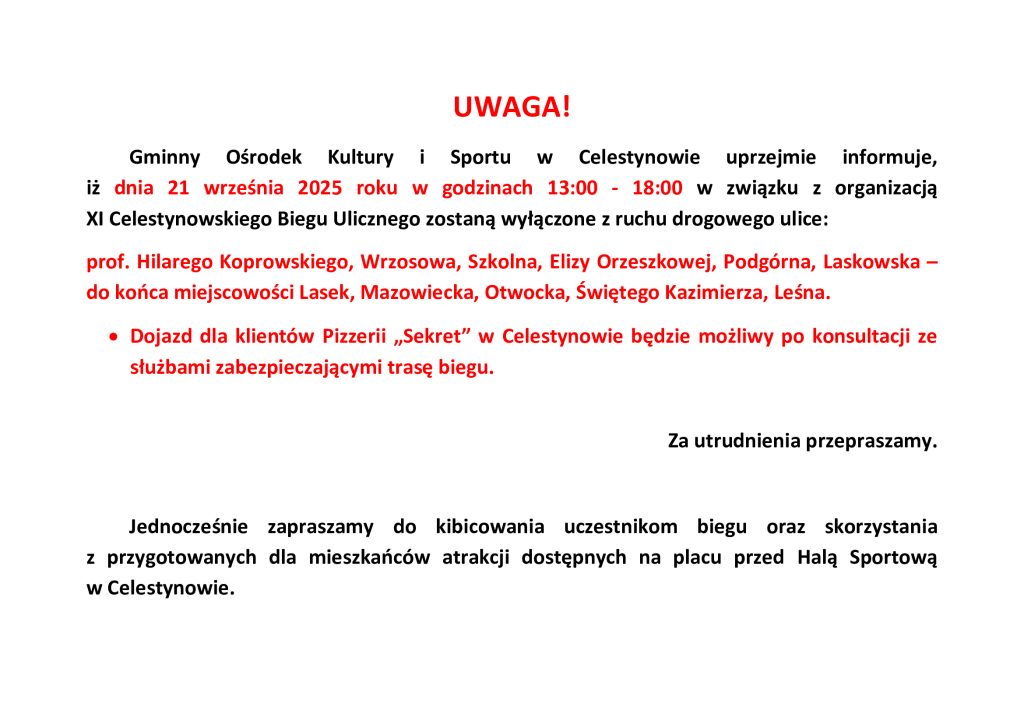 INFORMACJA DLA MIESZKAŃCÓW – XI CELESTYNOWSKI BIEG ULICZNY